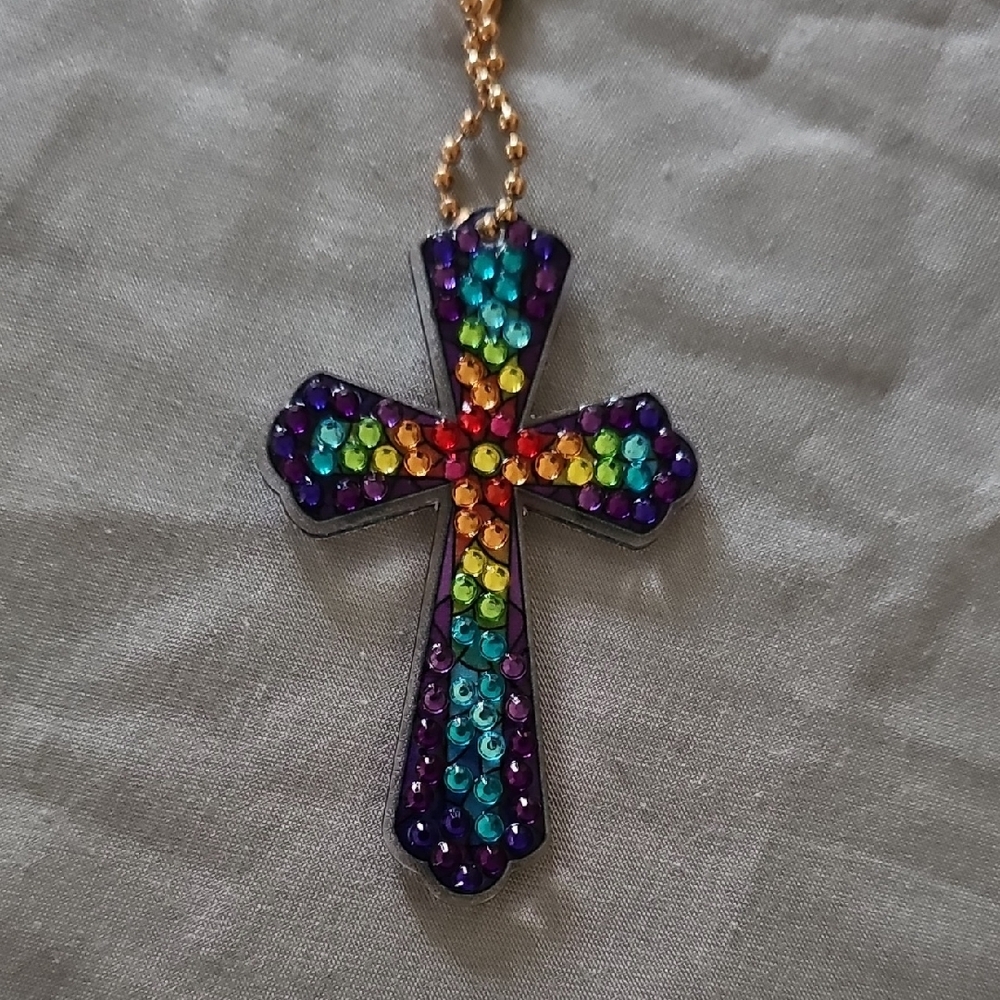 Colorful Rhinestone Cross Keychain with Gold Chain - Picture 2 of 4